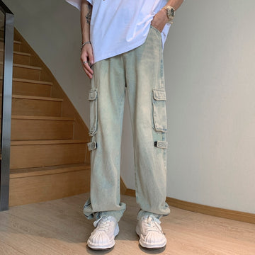 Wiaofellas Fashion Pocket Zipper Men's Jeans Neutral Wide Leg Denim Trousers Loose Straight Jeans Youth Casual Neutral Hip Hop Pants